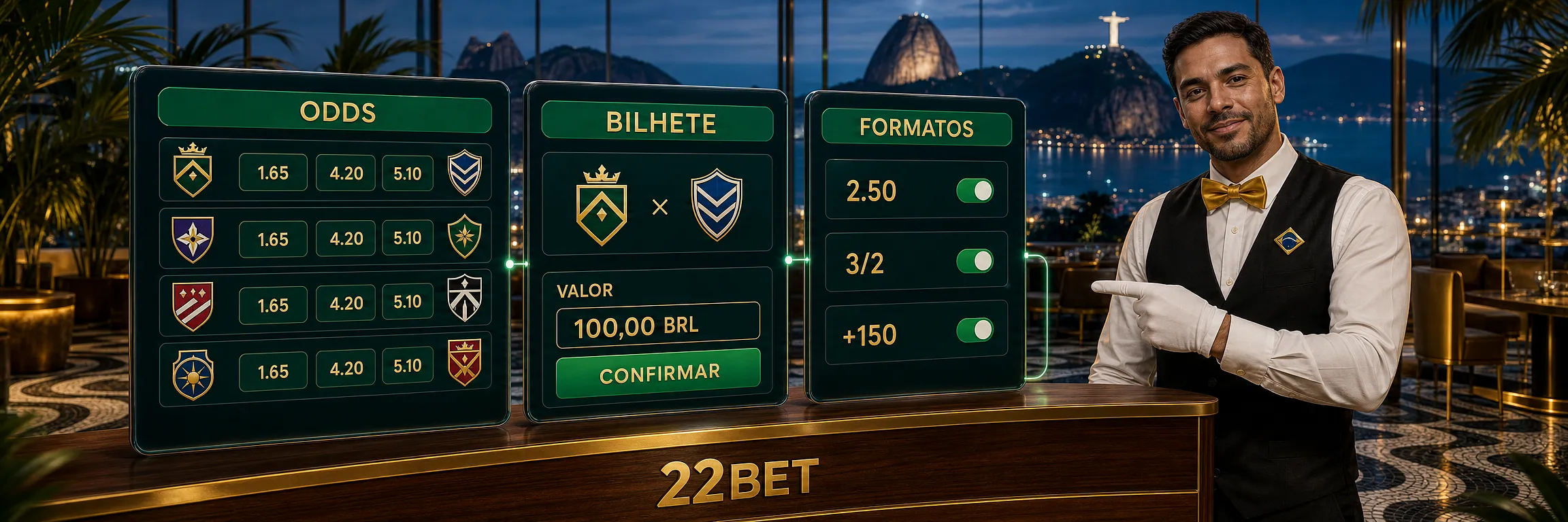 Bilhete de apostas da 22Bet com formatos de odds, campo de valor e retorno potencial